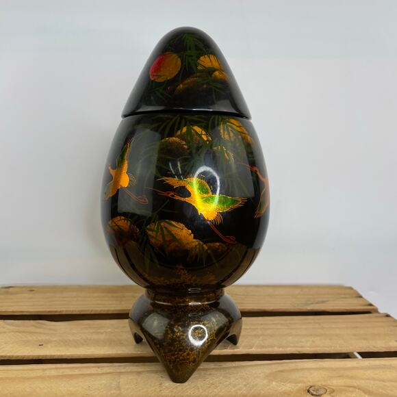 Vintage Vietnamese Egg Deco Trinket Box Black Enamel Crane Bird Gold